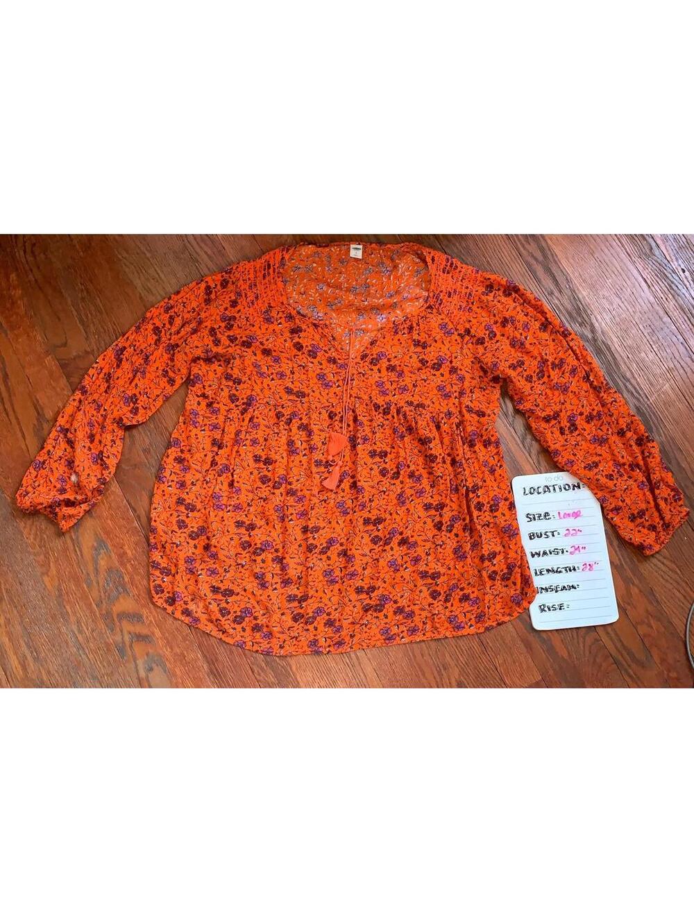 Old Navy blouse women's size L orange floral long sleeve round neck cottage boho
